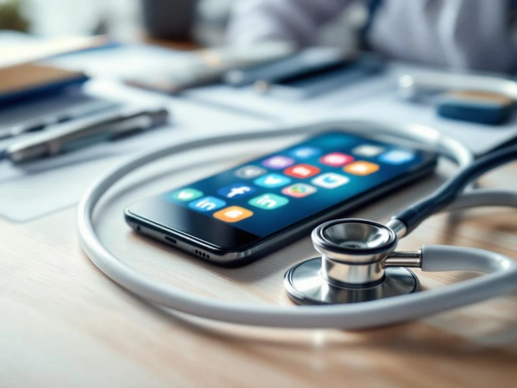 Stethoskop liegt auf Smartphone mit Social-Media-Apps auf Arztschreibtisch, symbolisiert digitale Medizin