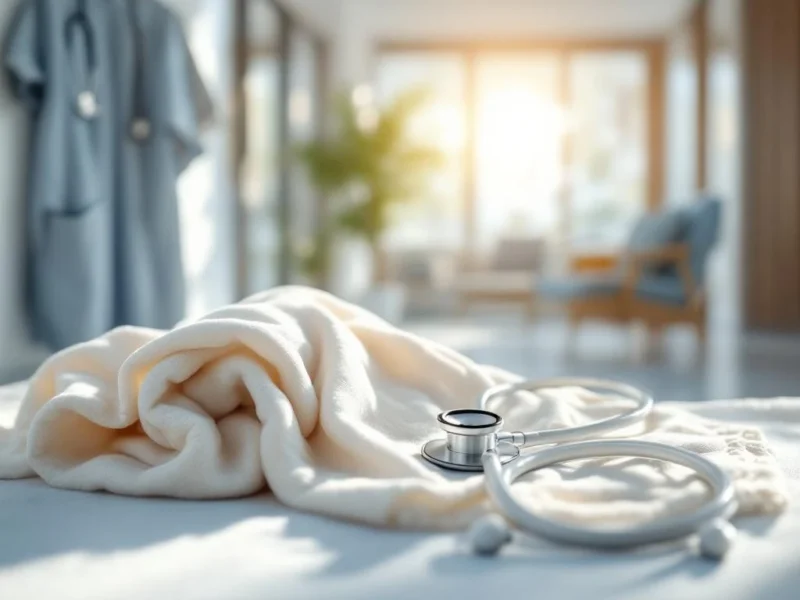 Stethoskop auf Babydecke in Krankenhaus-Flur symbolisiert Balance zwischen Medizin und Elternschaft
