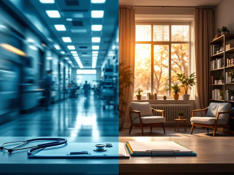 Medizinische Arbeitsplätze im Kontrast: hektischer Krankenhausflur links, ruhiges Arztbüro mit warmer Beleuchtung rechts