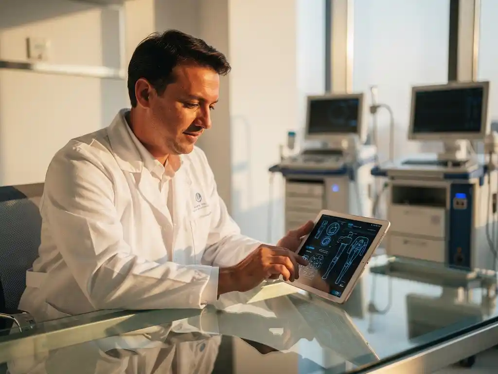 Arzt in weißem Kittel betrachtet Tablet mit Medizingeräteschaltplänen am Glasschreibtisch in moderner Klinik