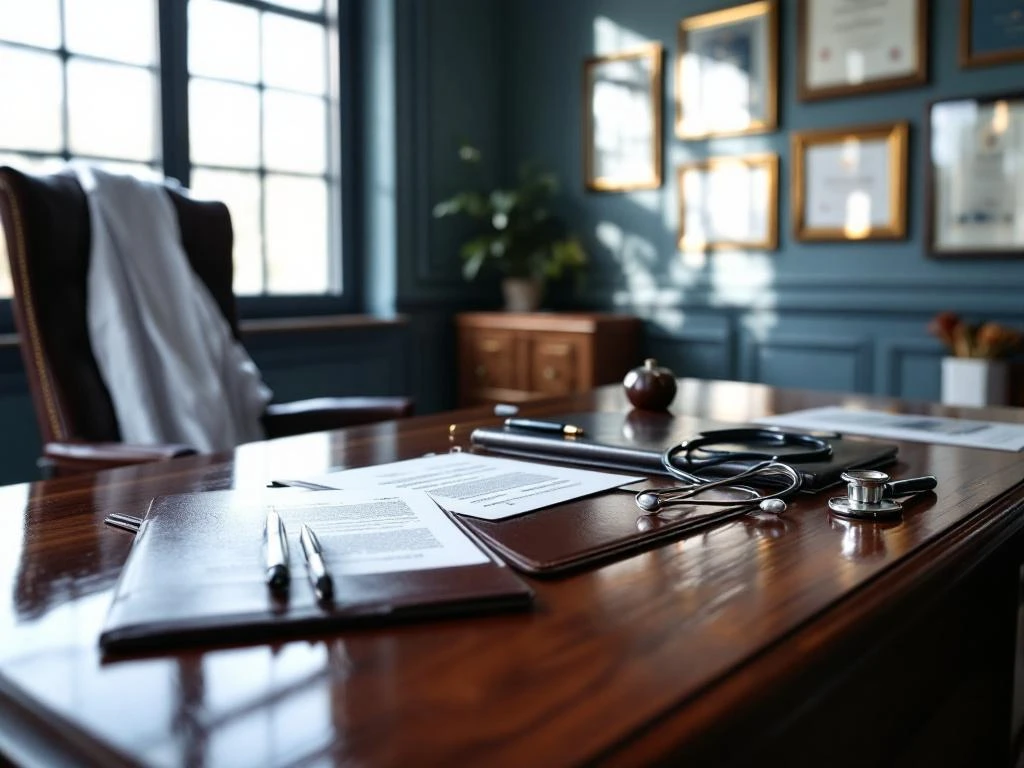 Medizinische Beratungsraum mit Mahagoni-Schreibtisch, Stethoskop, Diplomen und weißem Kittel in professioneller Atmosphäre