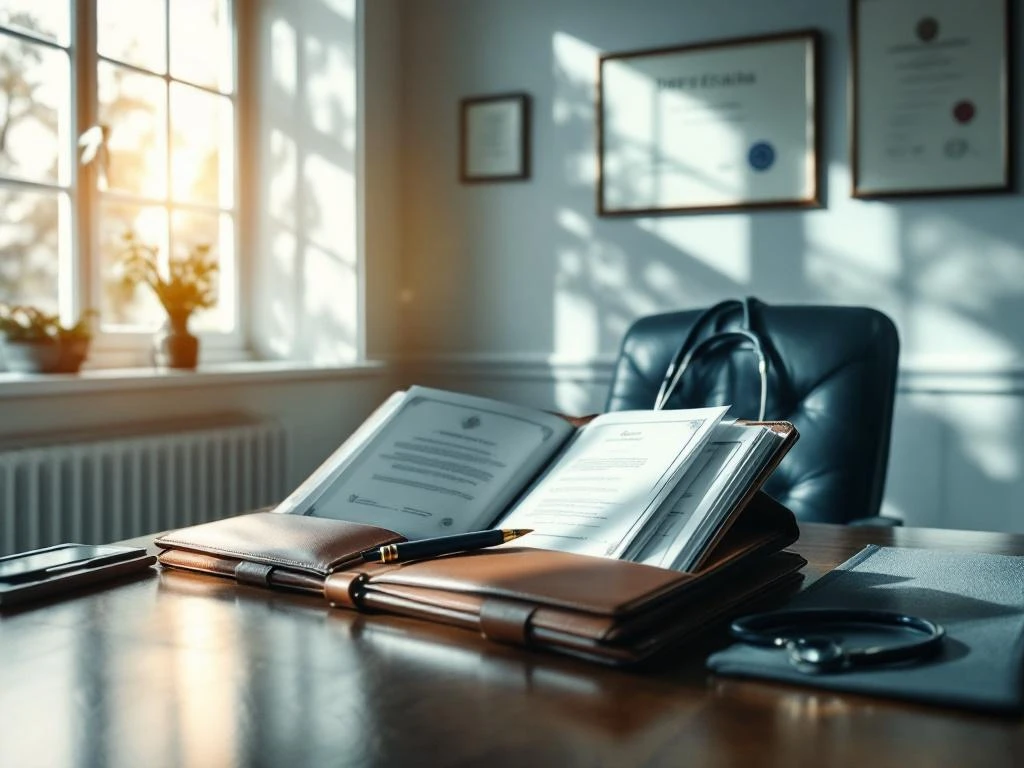 Medizinisches Beratungszimmer mit Schreibtisch, geöffnetem Lederportfolio, Diplomen an der Wand und Stethoskop auf Stuhl