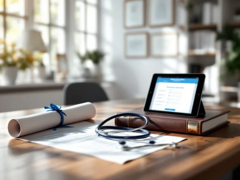 Medizinisches Büro mit Stethoskop auf Schreibtisch, Diplom, Tablet und Fachbüchern in professioneller Atmosphäre