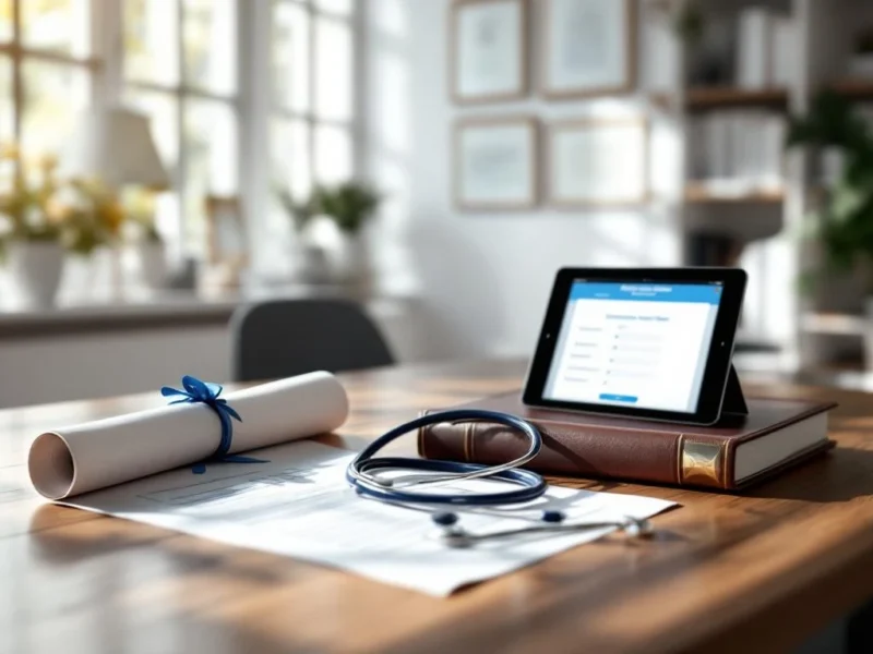Medizinisches Büro mit Stethoskop auf Schreibtisch, Diplom, Tablet und Fachbüchern in professioneller Atmosphäre