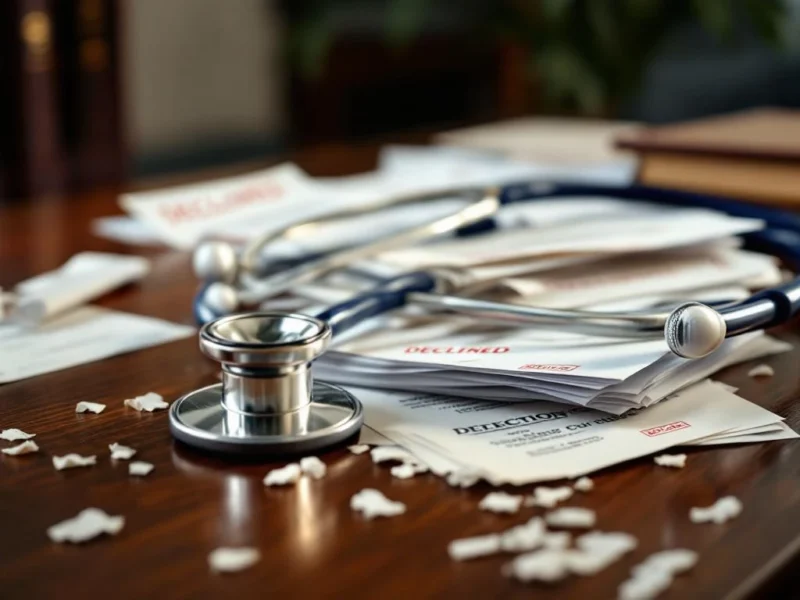 Weißes Stethoskop auf Stapel abgelehnter Bewerbungen mit roten Stempeln auf Holzschreibtisch, Diplom im Hintergrund