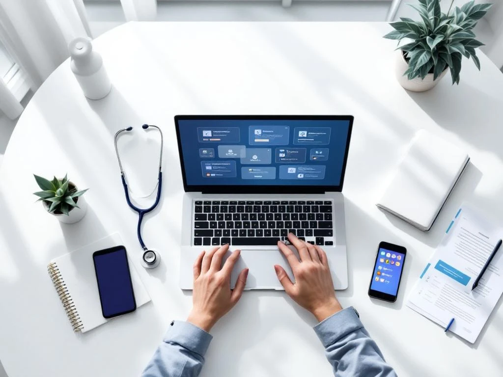 Moderner Arztpraxis-Schreibtisch von oben mit Laptop, Bewerbungsportalen, Stethoskop und medizinischen Dokumenten