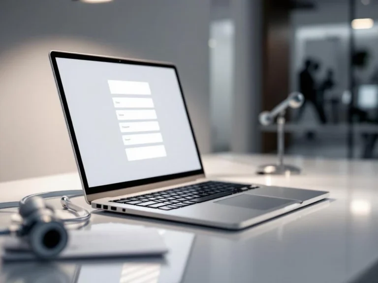 Laptop mit medizinischer Bewerbungsformular auf weißem Schreibtisch, Stethoskop und Diplom in Arztpraxis