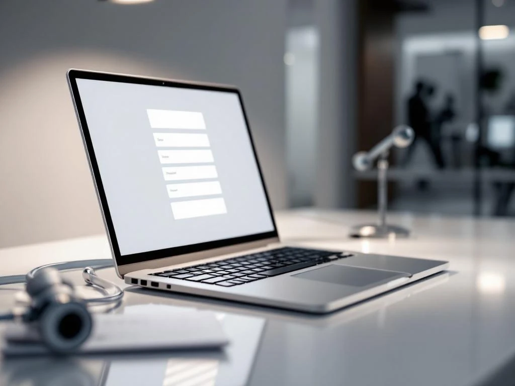 Laptop mit medizinischer Bewerbungsformular auf weißem Schreibtisch, Stethoskop und Diplom in Arztpraxis