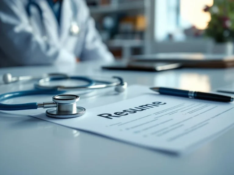 Medizinischer Arbeitsplatz mit Lebenslauf, Stethoskop und Stift auf weißem Schreibtisch in Klinikumgebung