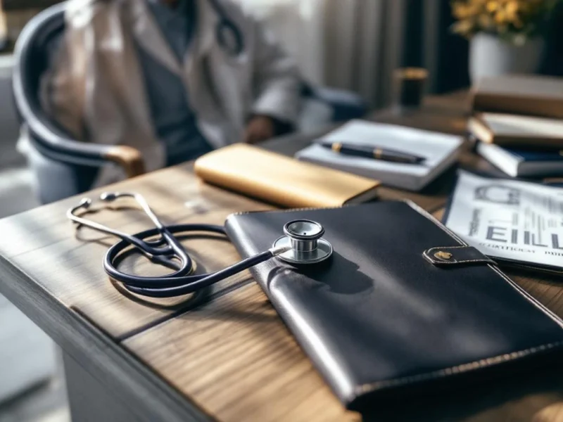 Professioneller Arztschreibtisch mit weißem Kittel, Stethoskop, medizinischen Büchern und Dokumentenmappen für Bewerbung