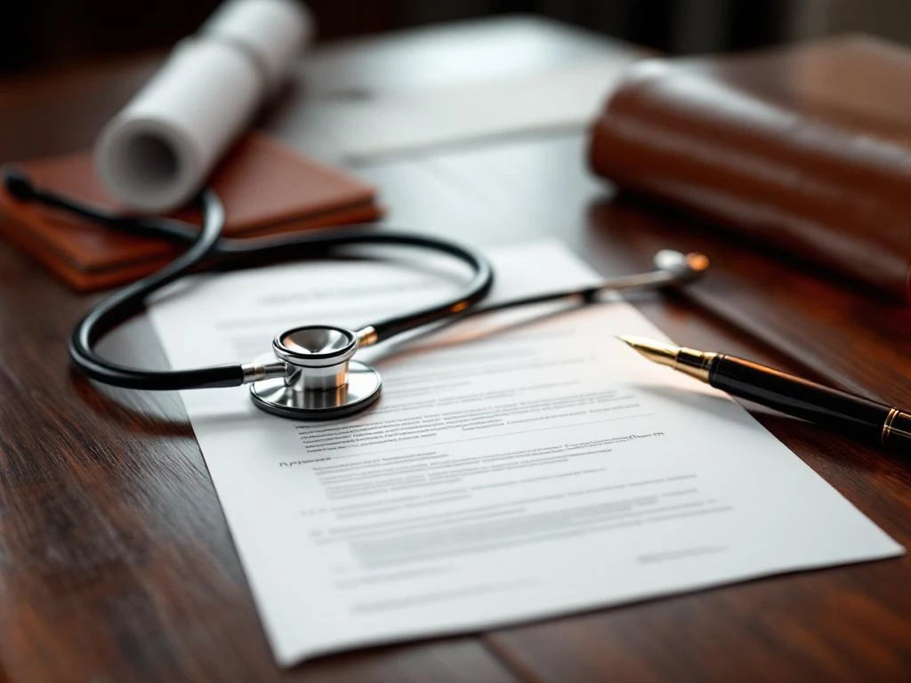 Stethoskop auf Bewerbungsunterlagen und medizinischen Zertifikaten auf Holzschreibtisch mit Füller und Diplom