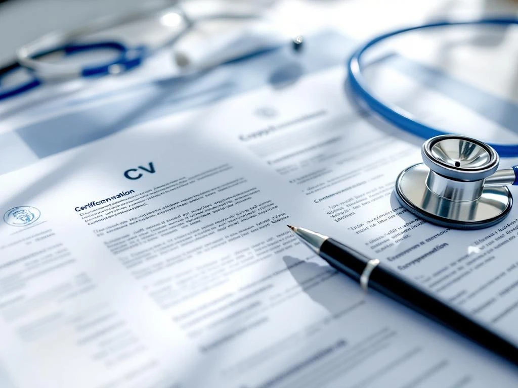Medizinische Bewerbungsunterlagen mit Zertifikaten, Lebenslauf und Stethoskop auf weißem Schreibtisch arrangiert