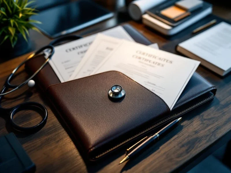 Geöffnetes Lederportfolio mit medizinischen Dokumenten, Stethoskop und Füllfederhalter auf professionellem Schreibtisch