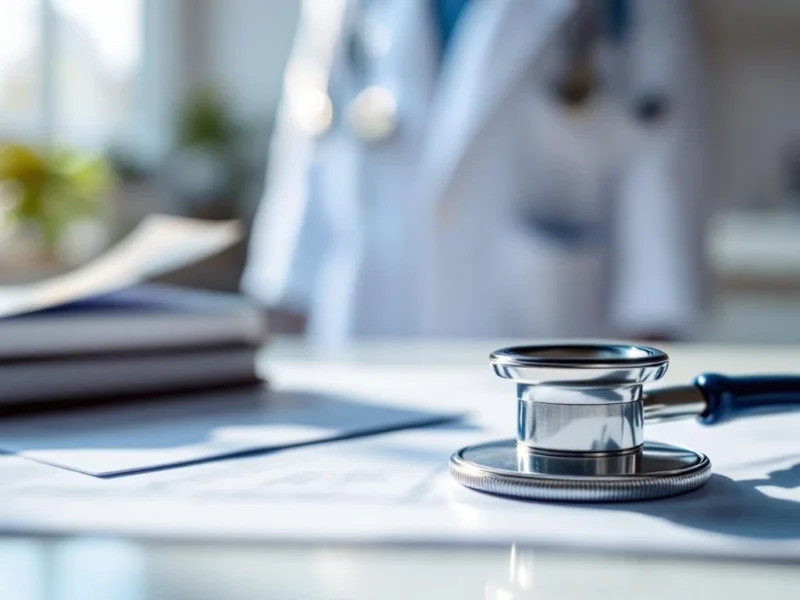 Stethoskop und medizinische Dokumente auf weißem Schreibtisch mit Arztkittel im Hintergrund