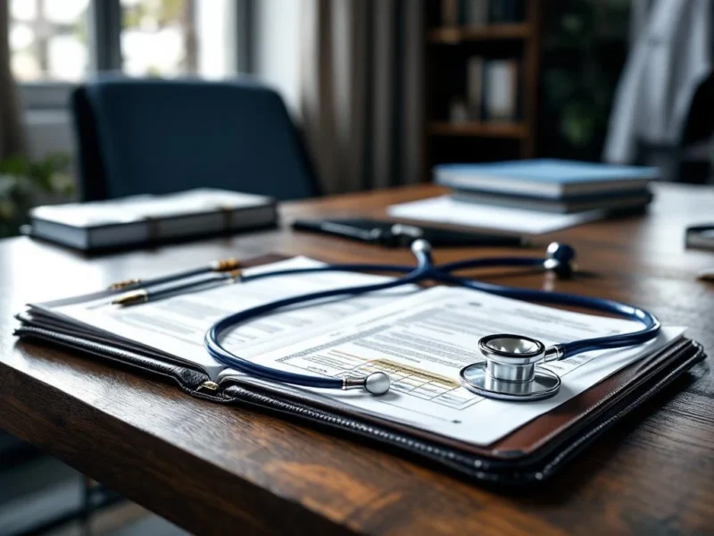 Stethoskop und medizinische Dokumente auf Holzschreibtisch mit Füllfederhalter in professionellem Arztbüro