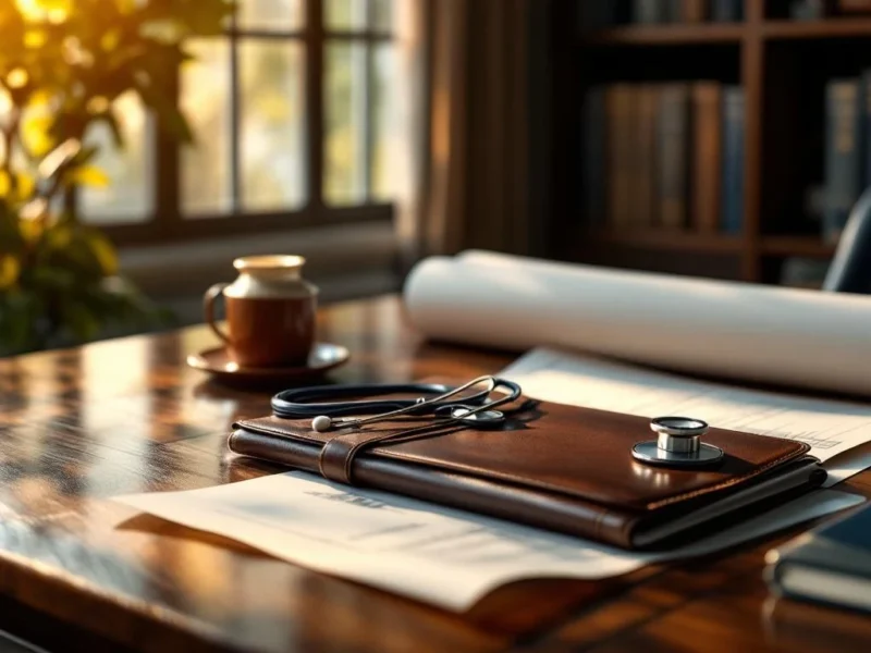 Holzschreibtisch mit medizinischen Dokumenten, Stethoskop und Bauplänen bei warmem Licht für Praxisplanung