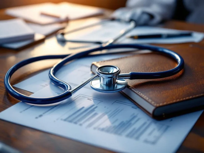 Stethoskop auf Rechtsdokumenten und Finanzpapieren auf Mahagoni-Schreibtisch mit Füller und Ledermappe