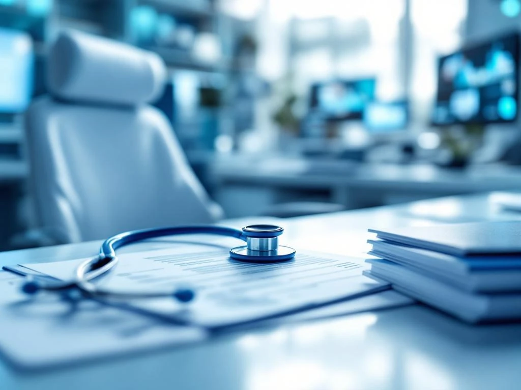 Stethoskop auf Bewerbungsunterlagen und medizinischen Fachzeitschriften in modernem Forschungslabor mit weißem Kittel