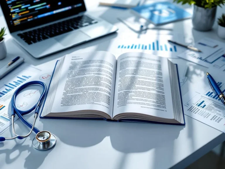 Medizinischer Arbeitsplatz von oben mit offenem Forschungsjournal, Stethoskop, Laptop und wissenschaftlichen Dokumenten