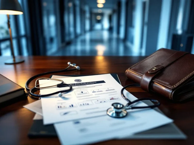 Mahagoni-Schreibtisch mit medizinischen Dokumenten, Stethoskop und Führungsunterlagen in Krankenhaus-Umgebung