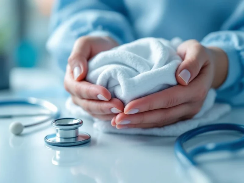 Medizinische Hände in Kitteln halten Babydecke neben Stethoskop auf Krankenhausoberfläche, warmes Licht