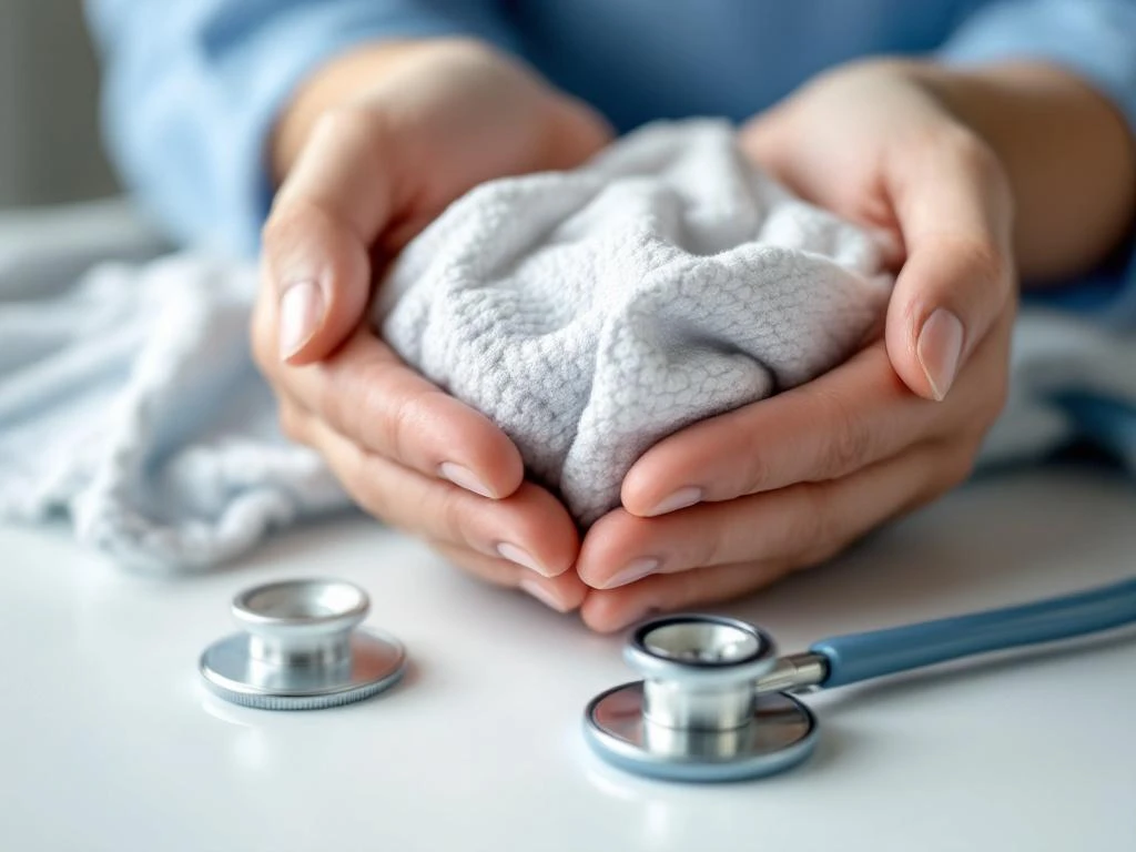 Sanfte Hände in medizinischer Kleidung halten Babydecke neben Stethoskop auf weißer Oberfläche