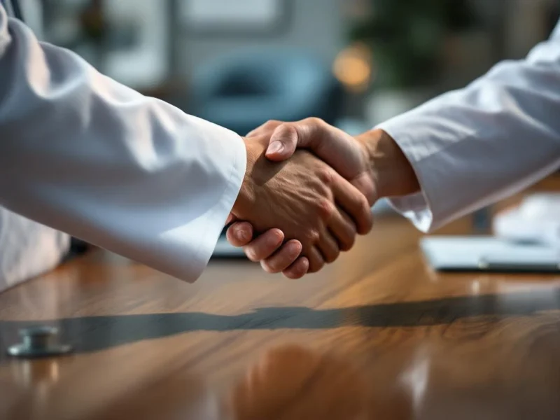 Professioneller Handschlag zwischen Ärzten in weißen Kitteln am Konferenztisch in moderner Arztpraxis