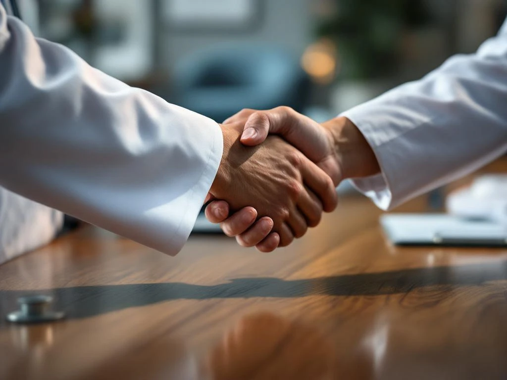 Professioneller Handschlag zwischen Ärzten in weißen Kitteln am Konferenztisch in moderner Arztpraxis