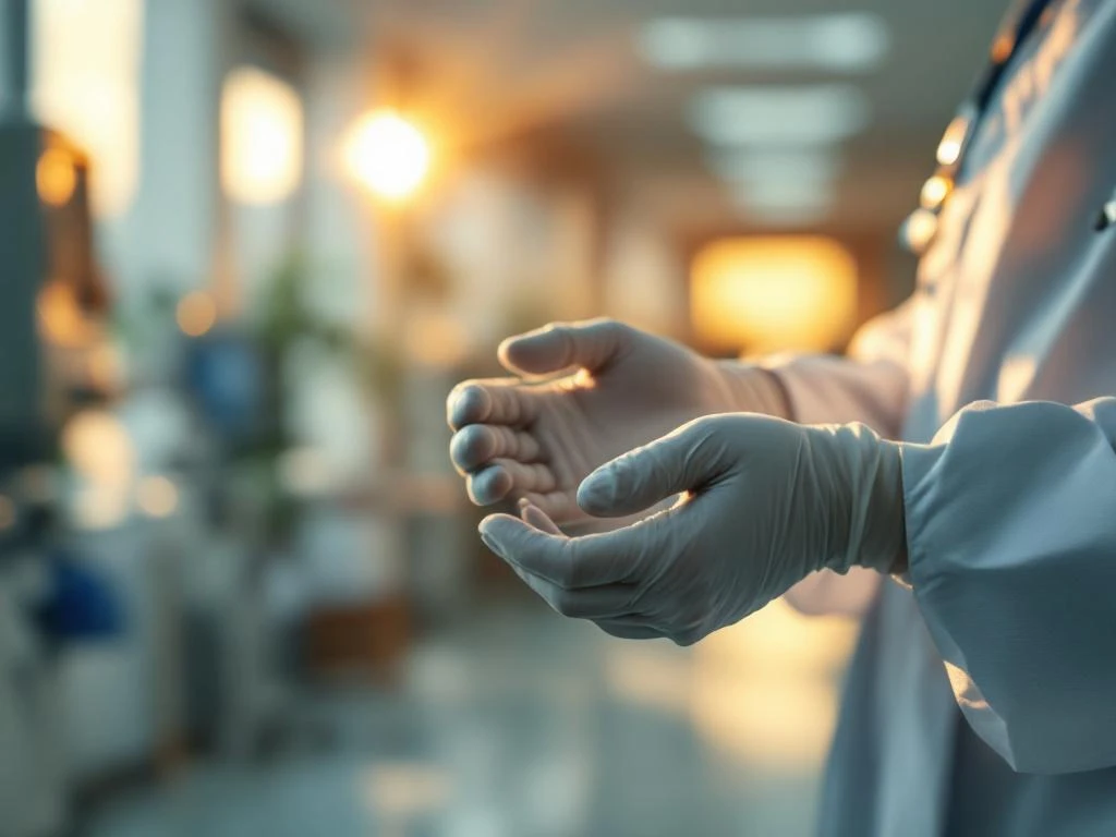 Erfahrene Hände eines Arztes entfernen weiße Handschuhe in einem Krankenhaus-Korridor nach einer langen Schicht