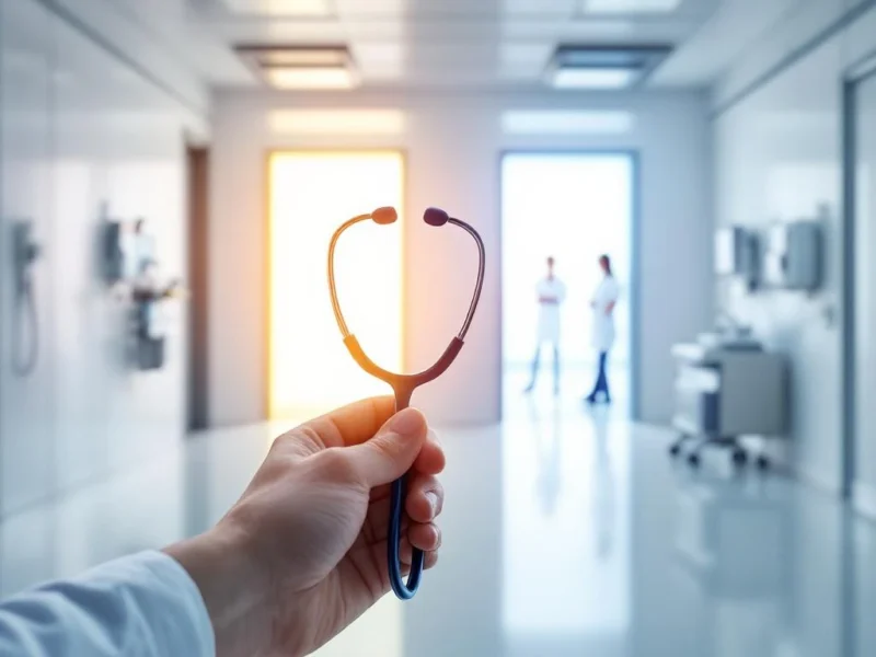 Medizinische Fachkraft mit Stethoskop vor zwei Türen im Krankenhaus-Korridor, Karriereentscheidung symbolisierend