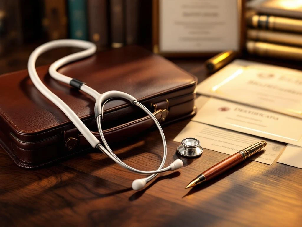 Weißes Stethoskop auf Lederkoffer am Mahagoni-Schreibtisch mit medizinischen Diplomen und Dokumenten im Hintergrund