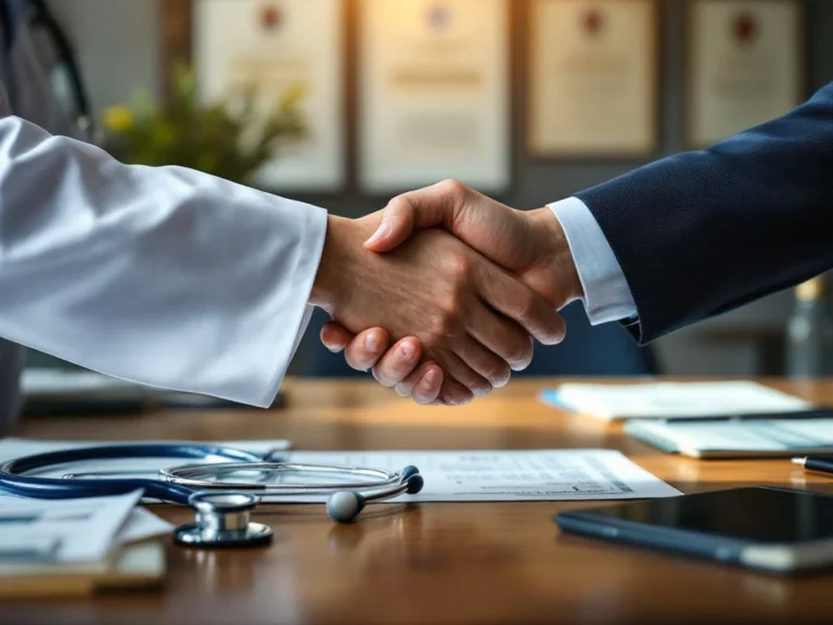 Professioneller Handschlag zwischen Arzt und Geschäftspartner über Schreibtisch mit Stethoskop und Dokumenten