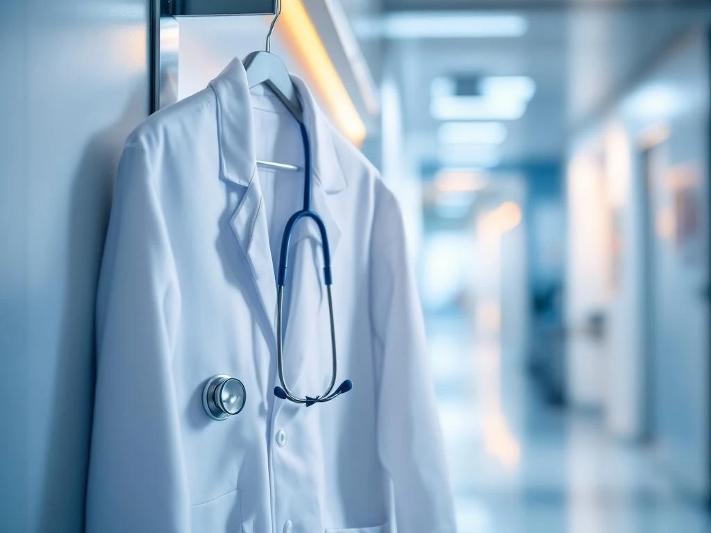 Weißer Arztkittel mit Stethoskop an modernem Haken vor unscharfem Krankenhausflur mit medizinischer Ausrüstung