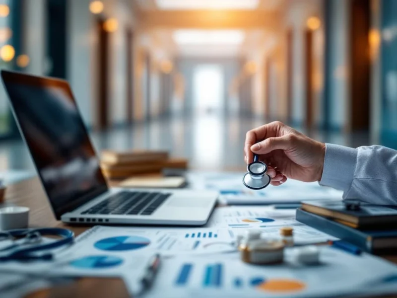 Medizinische Hände halten weißes Stethoskop vor Laptop, Forschungsunterlagen und Karrieresymbolen im Healthcare-Bereich