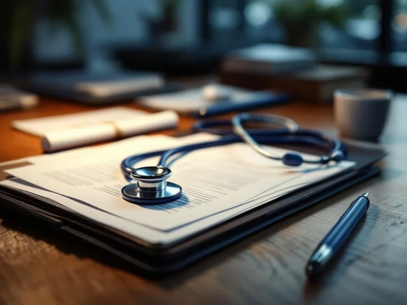 Stethoskop auf Schreibtisch mit medizinischen Dokumenten und Diplomen in professioneller Arztpraxis-Umgebung