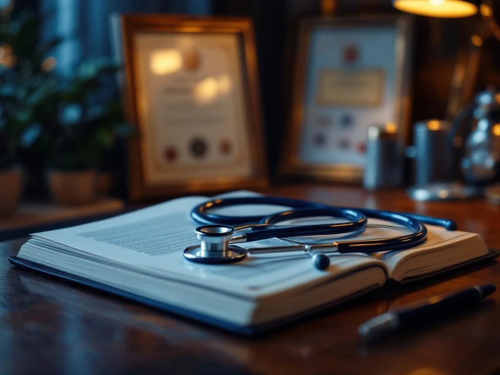 Stethoskop auf geöffnetem Lederportfolio an Mahagonischreibtisch mit medizinischen Diplomen im Hintergrund