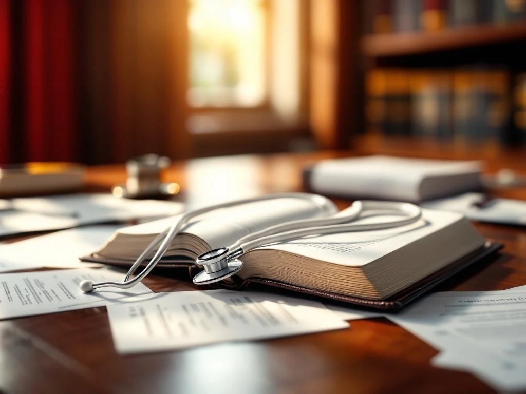 Weißes Stethoskop auf aufgeschlagenem Medizinjournal am Mahagonischreibtisch mit Zertifikaten und Fachbüchern