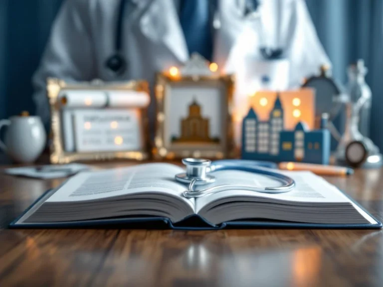 Stethoskop auf medizinischem Lehrbuch mit Arztkittel, Diplom und Krankenhaus-Symbolen im Hintergrund