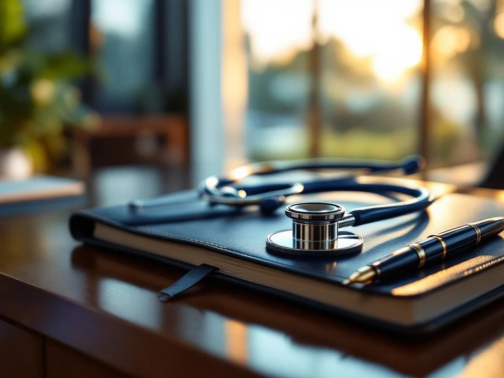Stethoskop auf Ledermappe mit Füllfederhalter auf Mahagoni-Schreibtisch in moderner Arztpraxis