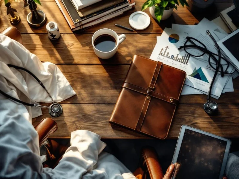 Arztschreibtisch mit weißem Kittel, Stethoskop, Tablet mit Karrierediagrammen und Wegweisern für Berufswege