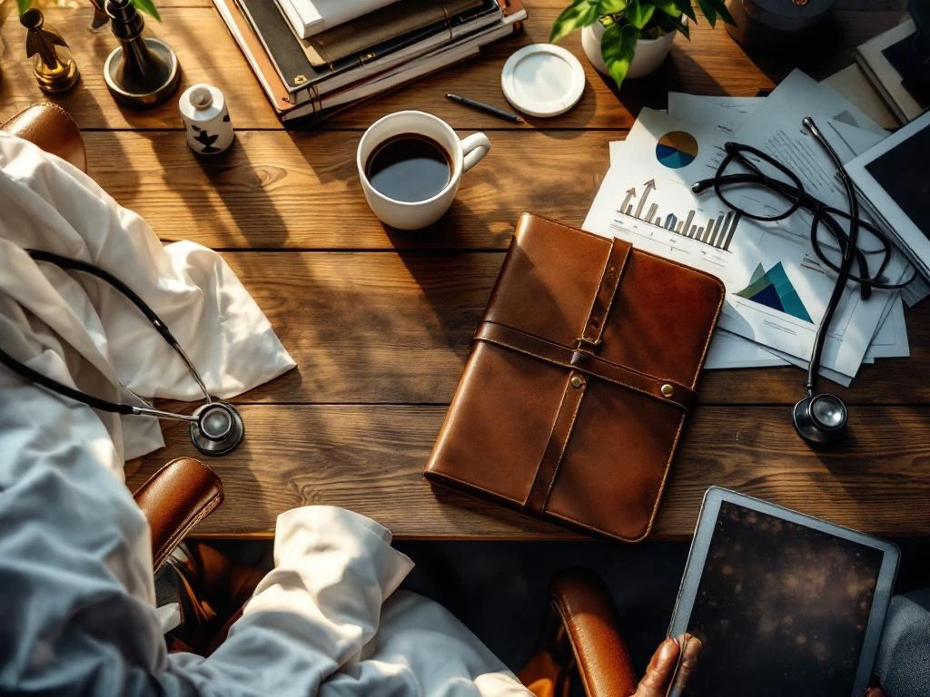 Arztschreibtisch mit weißem Kittel, Stethoskop, Tablet mit Karrierediagrammen und Wegweisern für Berufswege