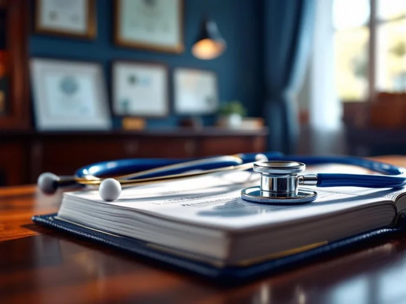 Stethoskop auf geöffnetem Lederplaner mit Füllfederhalter auf Mahagoni-Schreibtisch, medizinische Diplome im Hintergrund