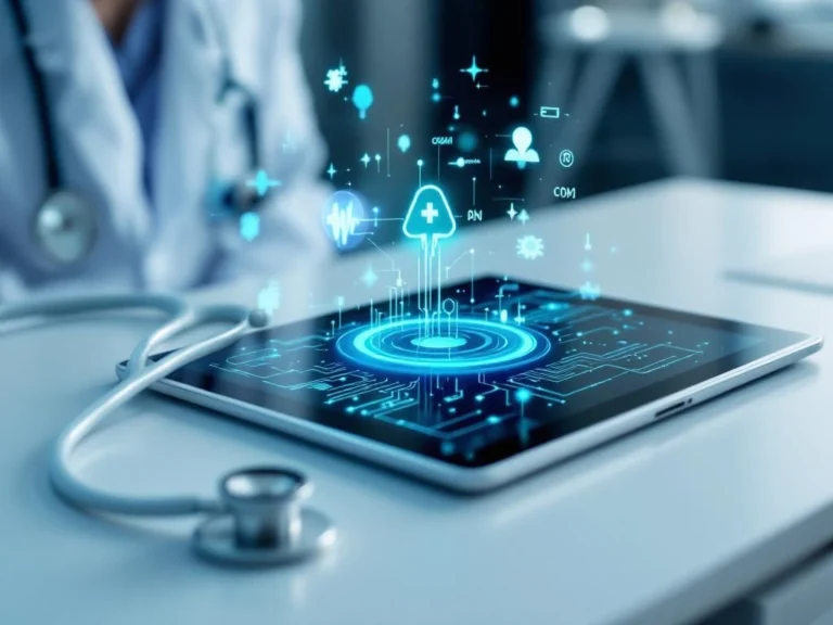 Weißes Stethoskop neben Tablet mit holographischer KI-Oberfläche und digitalen Datenströmen in blau-türkisen Tönen