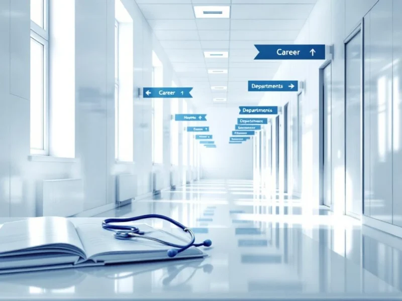 Krankenhauskorridor mit Wegweisern zu verschiedenen Abteilungen, Stethoskop auf Schreibtisch, symbolisiert Karrierewege