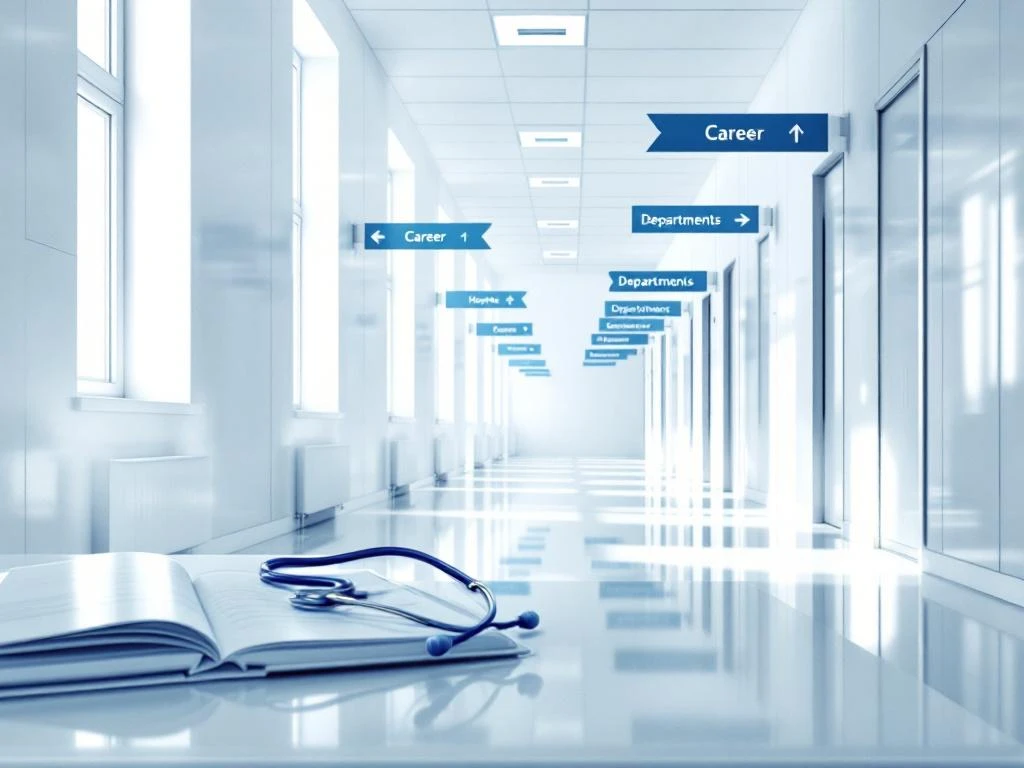 Krankenhauskorridor mit Wegweisern zu verschiedenen Abteilungen, Stethoskop auf Schreibtisch, symbolisiert Karrierewege