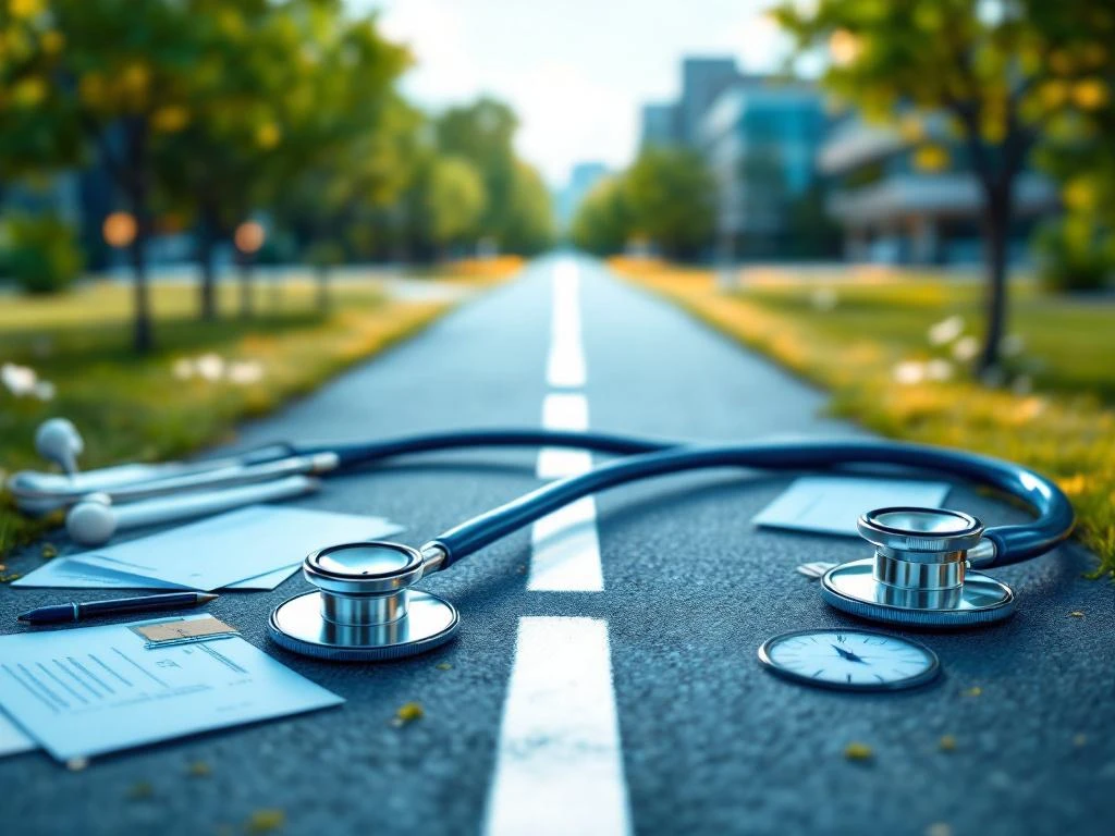 Stethoskop an Wegkreuzung zwischen Krankenhaus und Bürogebäude mit medizinischen Dokumenten und Kompass