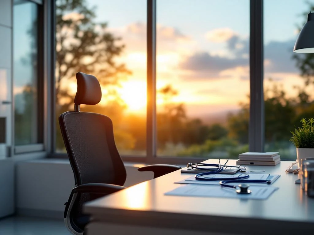 Modernes Arztbüro mit ergonomischem Stuhl, Stethoskop auf Schreibtisch und friedlichem Sonnenuntergang durch Fenster