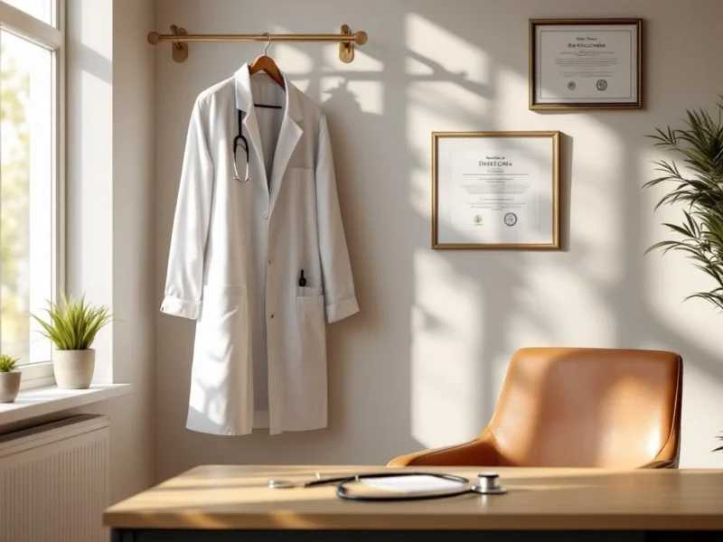Weißer Arztkittel hängt neben Stethoskop auf Holzschreibtisch in heller Arztpraxis mit Diplomen an der Wand