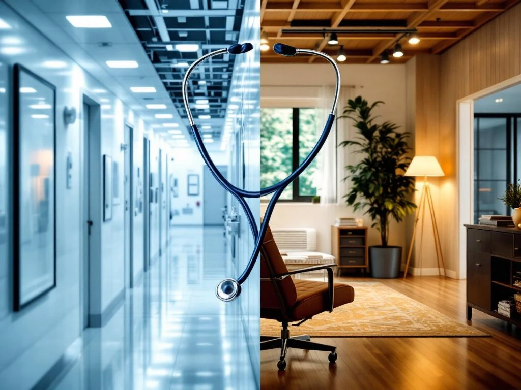 Geteilte Ansicht von Krankenhaus-Korridor und privater Arztpraxis mit Stethoskopen als Verbindungselement zwischen beiden