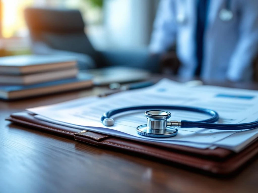 Stethoskop auf Holzschreibtisch neben geöffnetem Lederportfolio mit Medizindokumenten in professioneller Arztpraxis